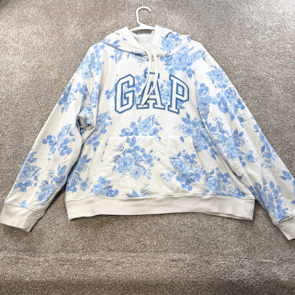 Gap Womens XL Blue Floral Toile Hoodie Cream Sweatshirt Pullover Embroidered